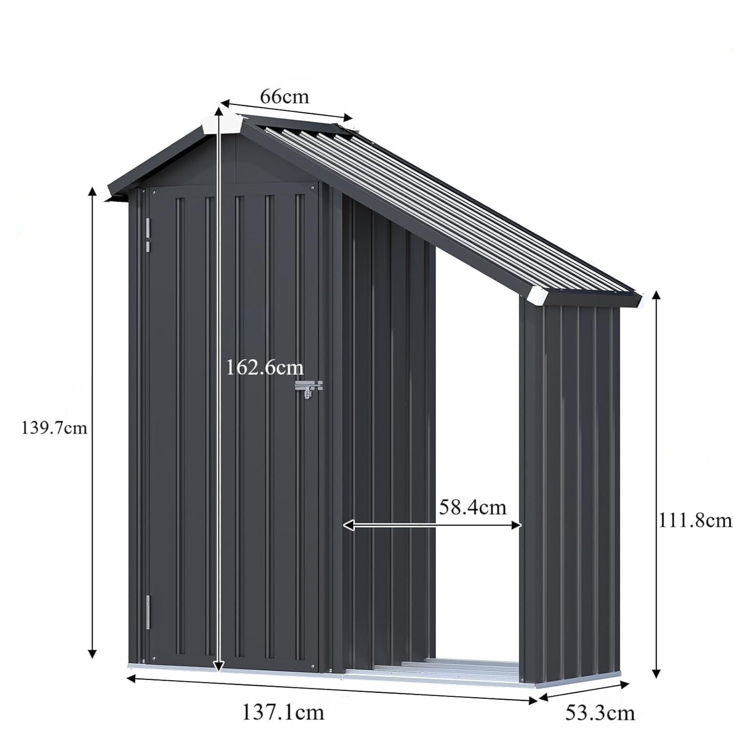 Abri de Jardin en Acier Galvanisé avec Étagères Ajustables et Bûcher - 1.37m x 0.53m x 1.63m