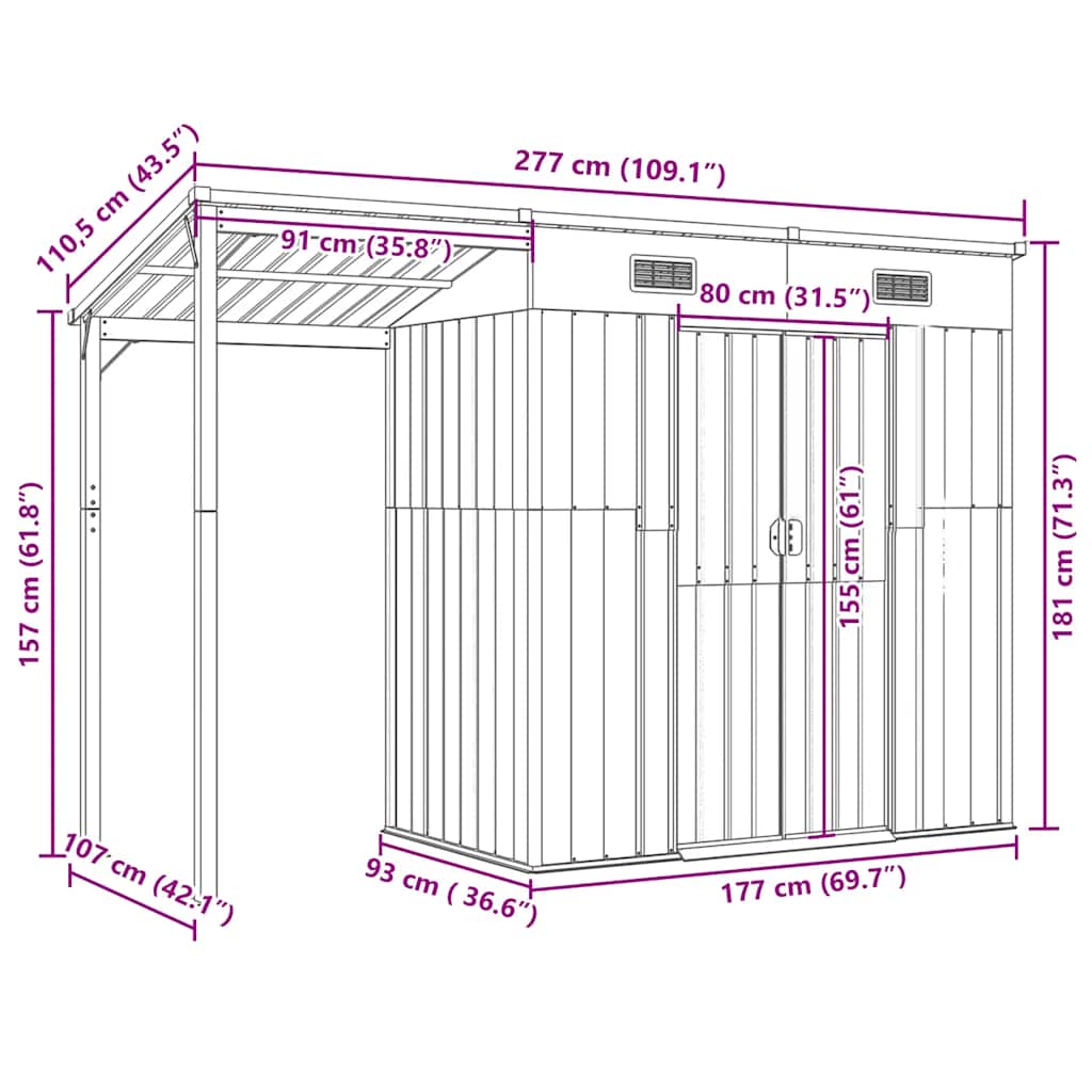 Abri de Jardin 2-en-1 avec Bûcher en Acier Galvanisé - 2,77m x 1,07m x 1,81m