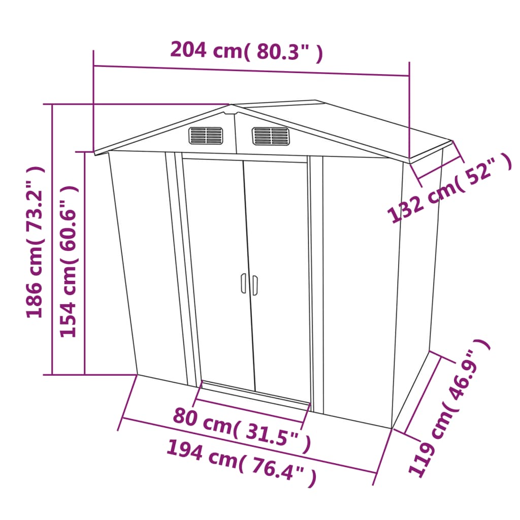 Abri de Jardin en Acier Galvanisé - 2,04m x 1,32m x 1,86m