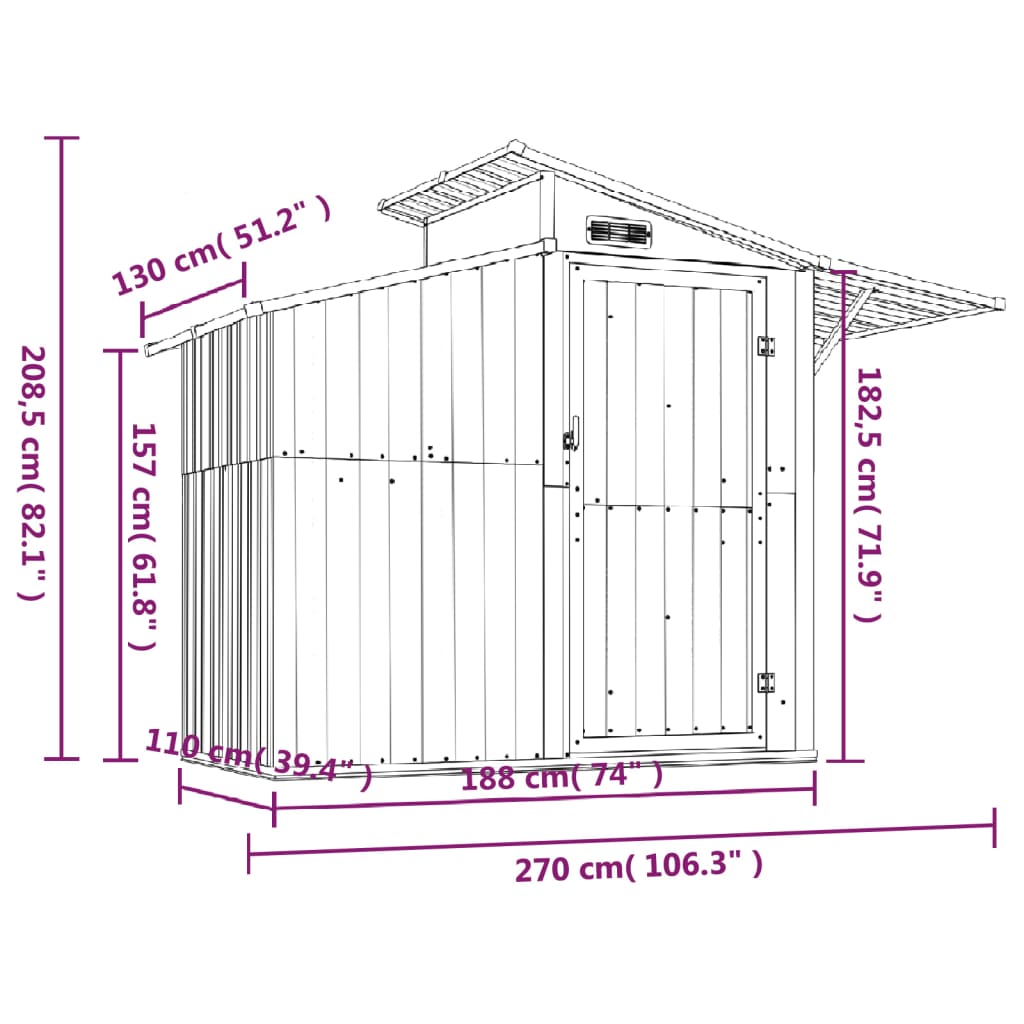 Abri de Jardin 2-en-1 en Acier Galvanisé avec Toit Lumineux - 2,70m x 1,30m x 2,08m