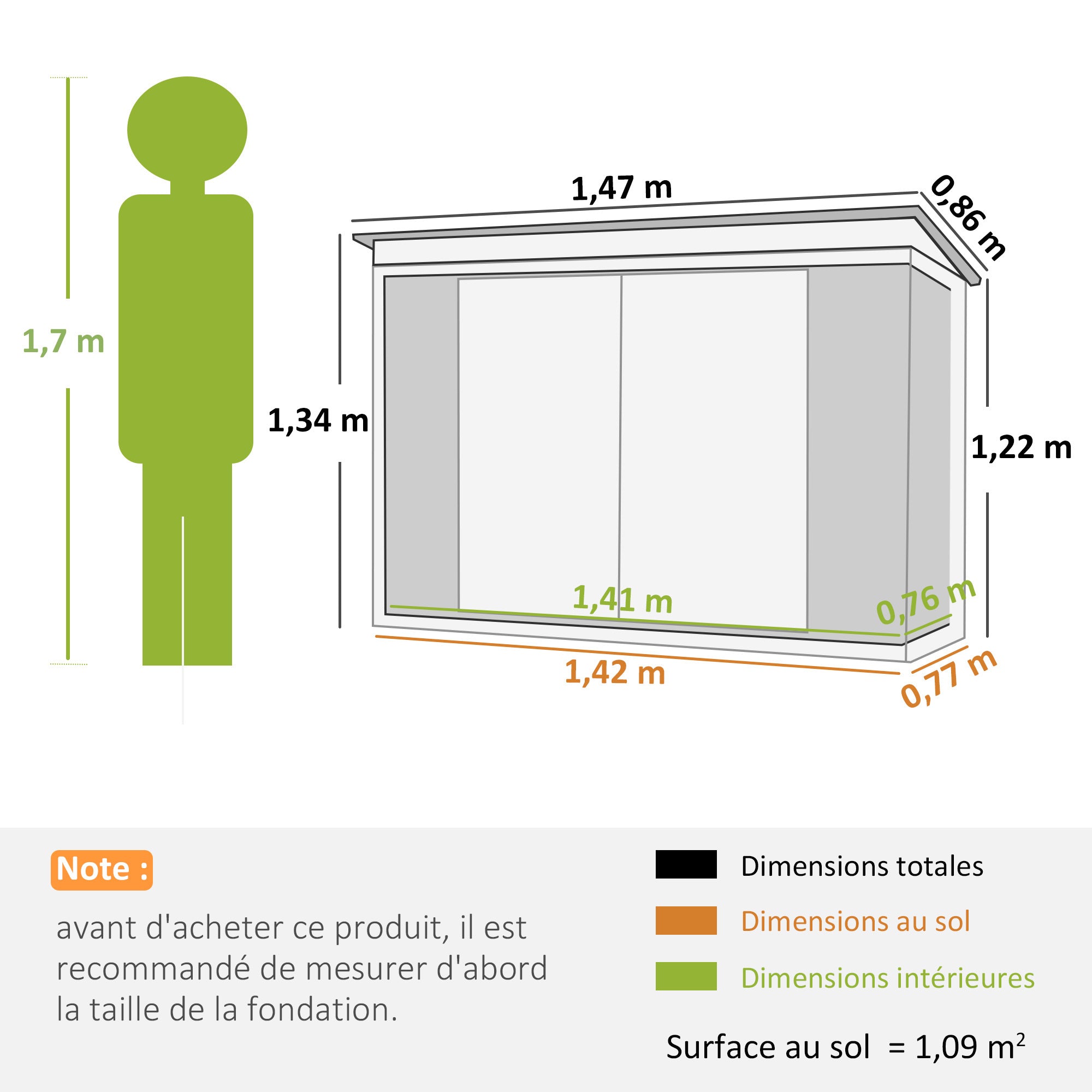 Abri de Jardin en Acier Galvanisé avec Serrure - 1,47 m x 0,86 m x 1,34 m