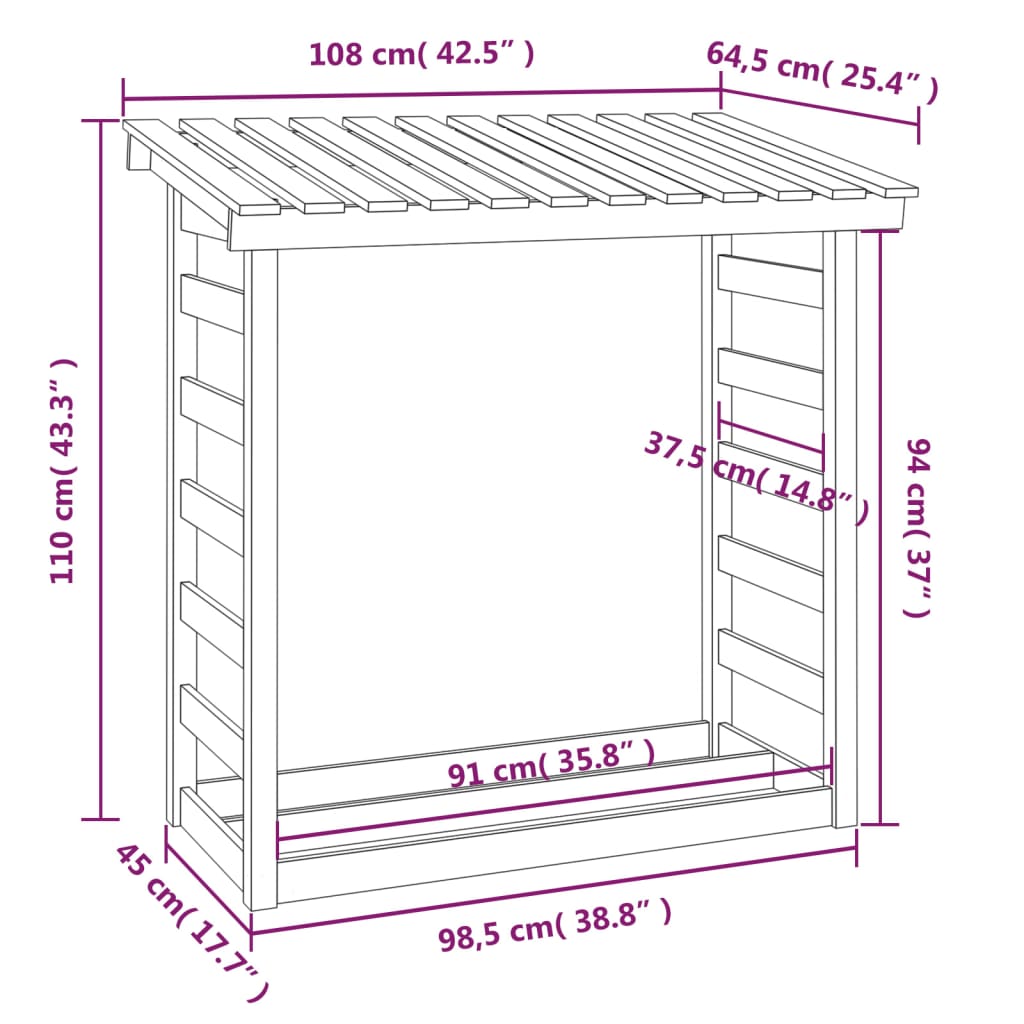 Abri à Bûches en Bois Massif - 1.08m x 0.65m x 1.10m/0.78m