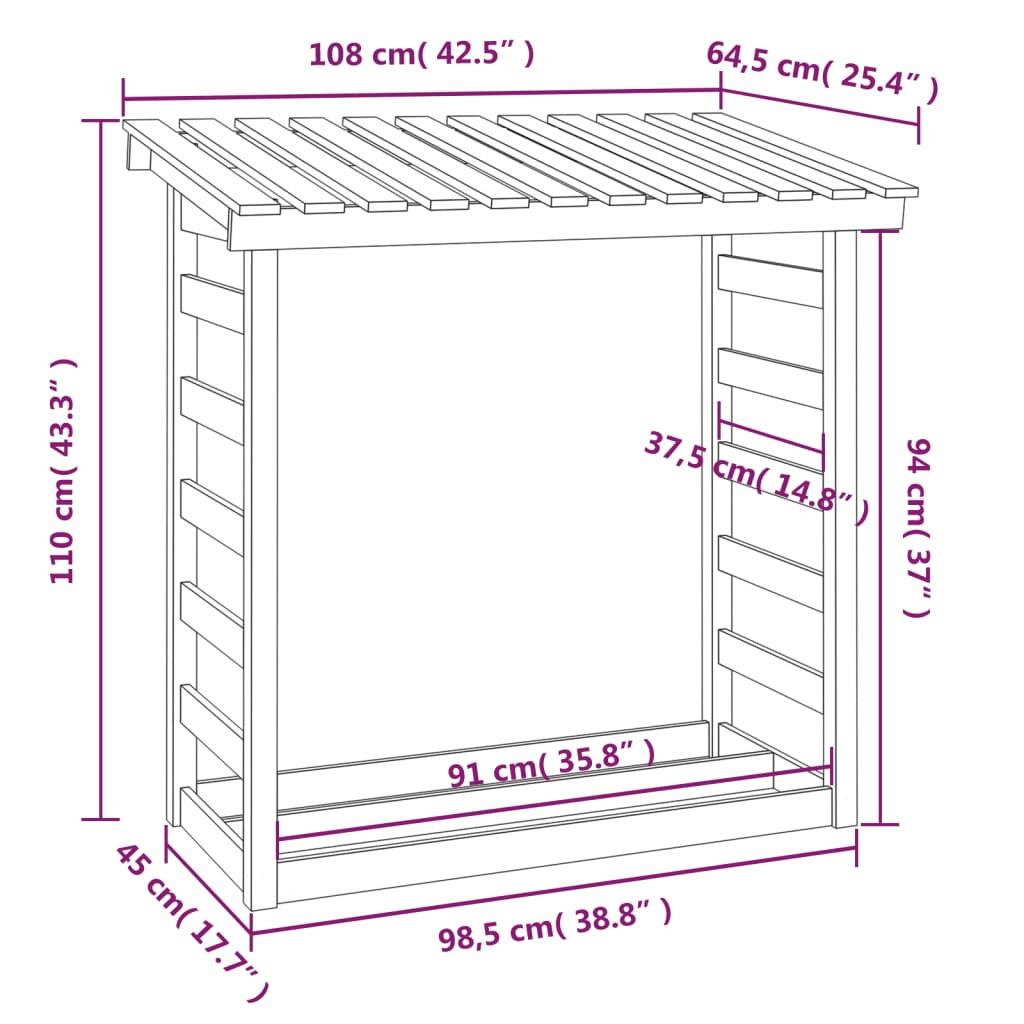 Abri à Bûches en Bois Massif - 1.08m x 0.65m x 1.10m/0.78m