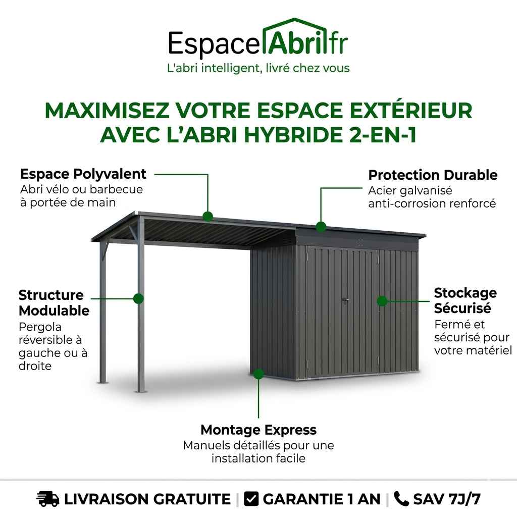 Abri de Jardin 2-en-1 avec Pergola en Acier Premium