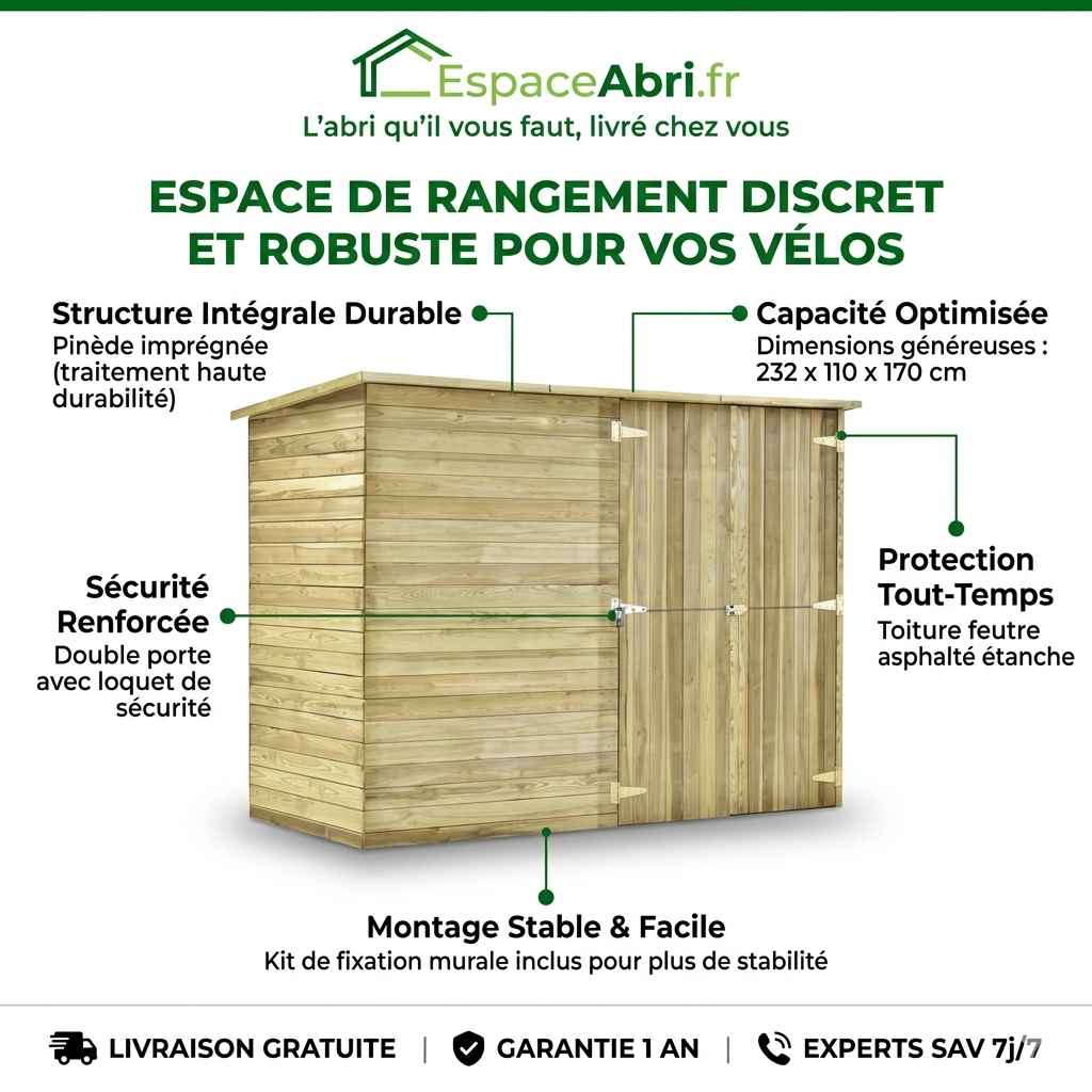 Abri à Vélos en Bois - 2.32m x 1.10m x 1.70m
