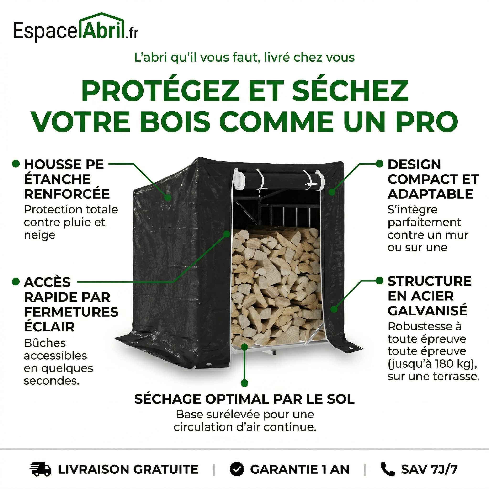 Abri à Bûches en Acier Galvanisé avec Housse