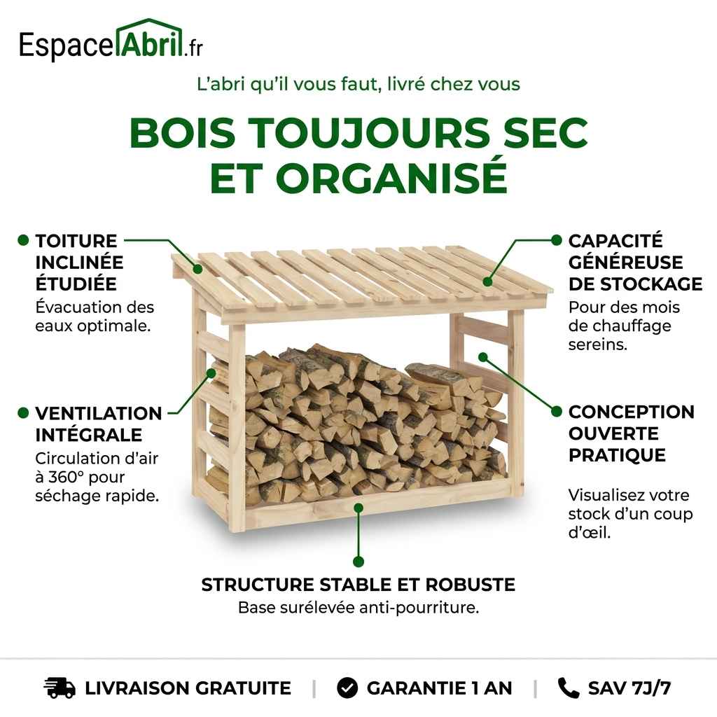 Abri à Bûches en Bois Massif - 1.08m x 0.65m x 1.10m/0.78m