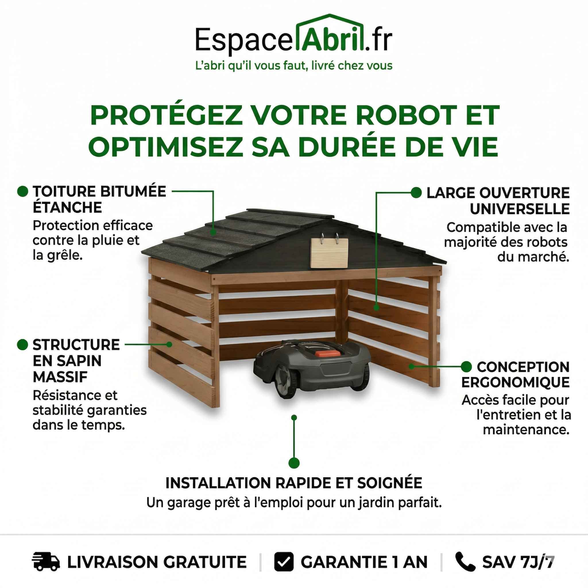 Abri pour Robot Tondeuse bois Massif - 0.78m x 0.74m x 0.54m