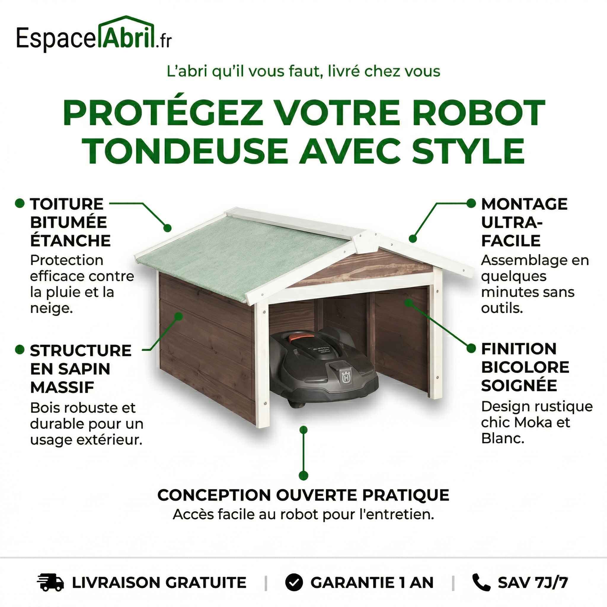 Abri pour Robot Tondeuse en Bois - 72x87x50cm