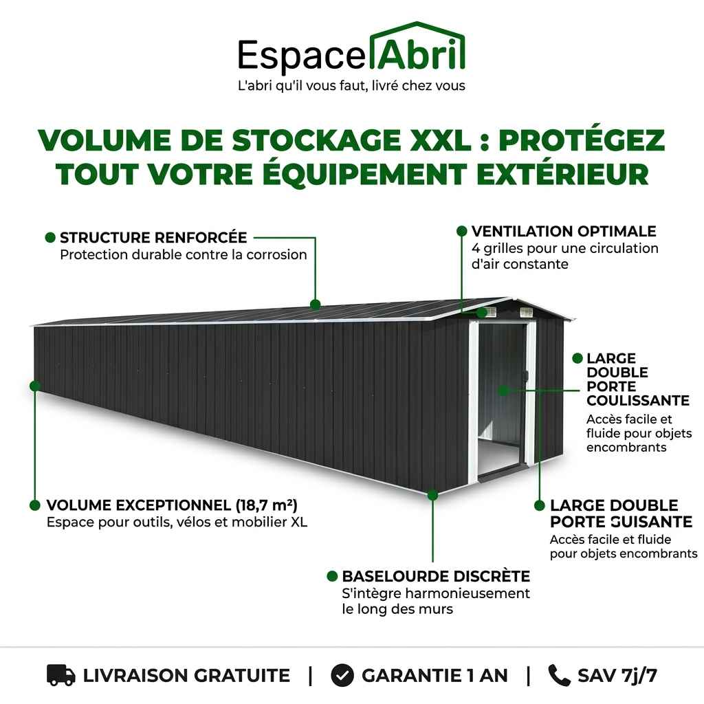 Abri de Jardin XL en Acier Galvanisé - 7,79 m× 2,57 m× 1,81 m