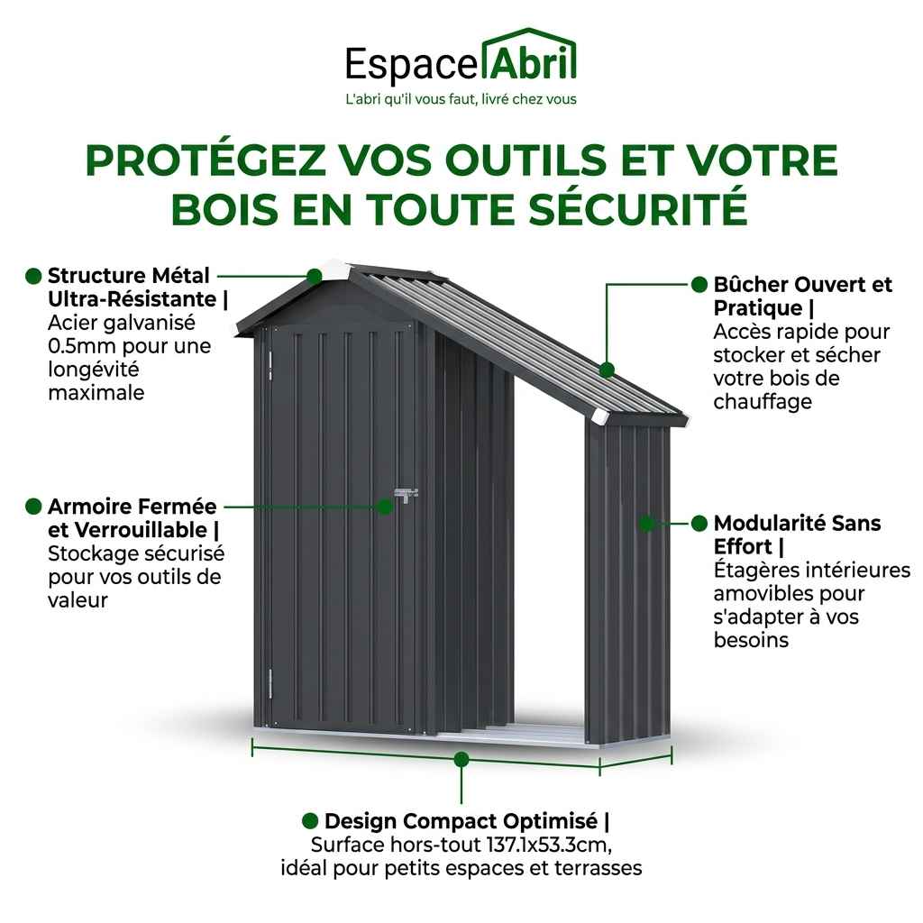 Abri de Jardin en Acier Galvanisé avec Étagères Ajustables et Bûcher - 1.37m x 0.53m x 1.63m
