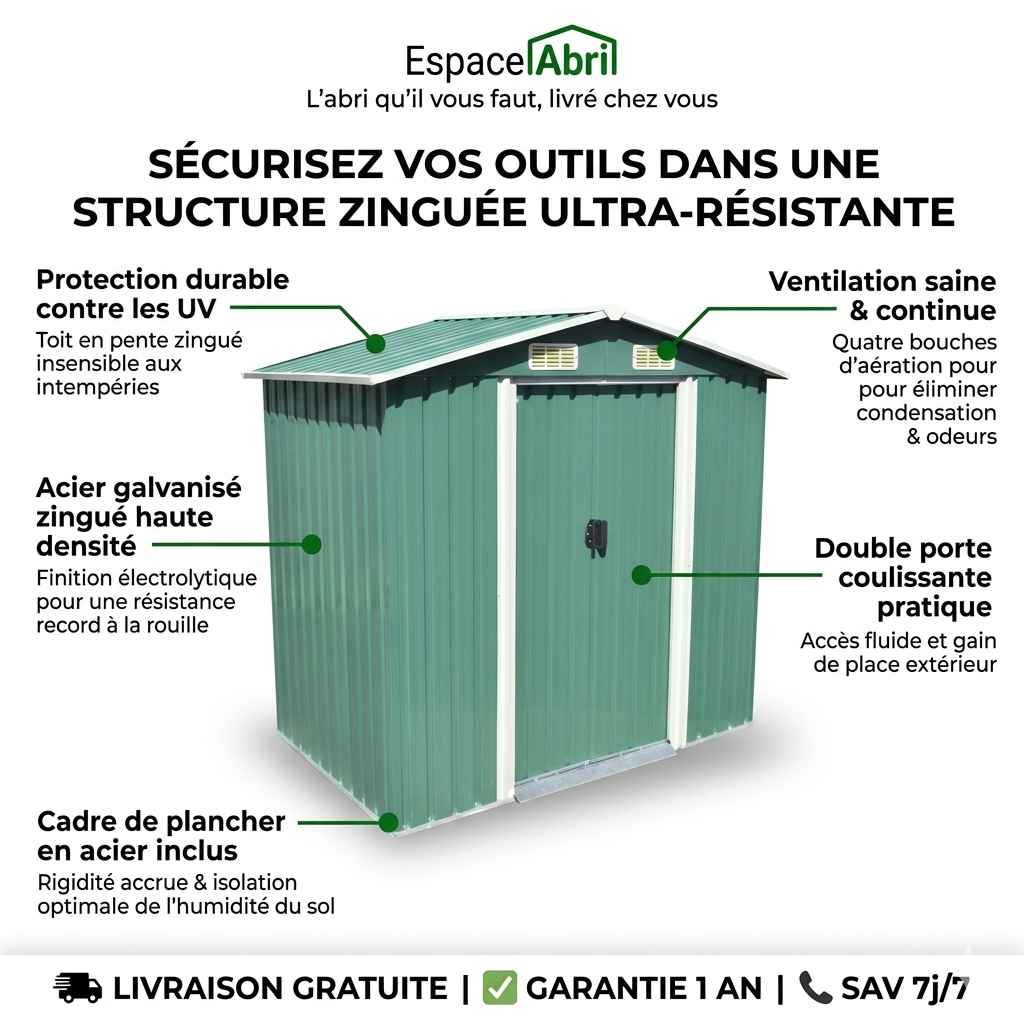 Abri de Jardin en Acier Galvanisé - 2,04m x 1,32m x 1,86m