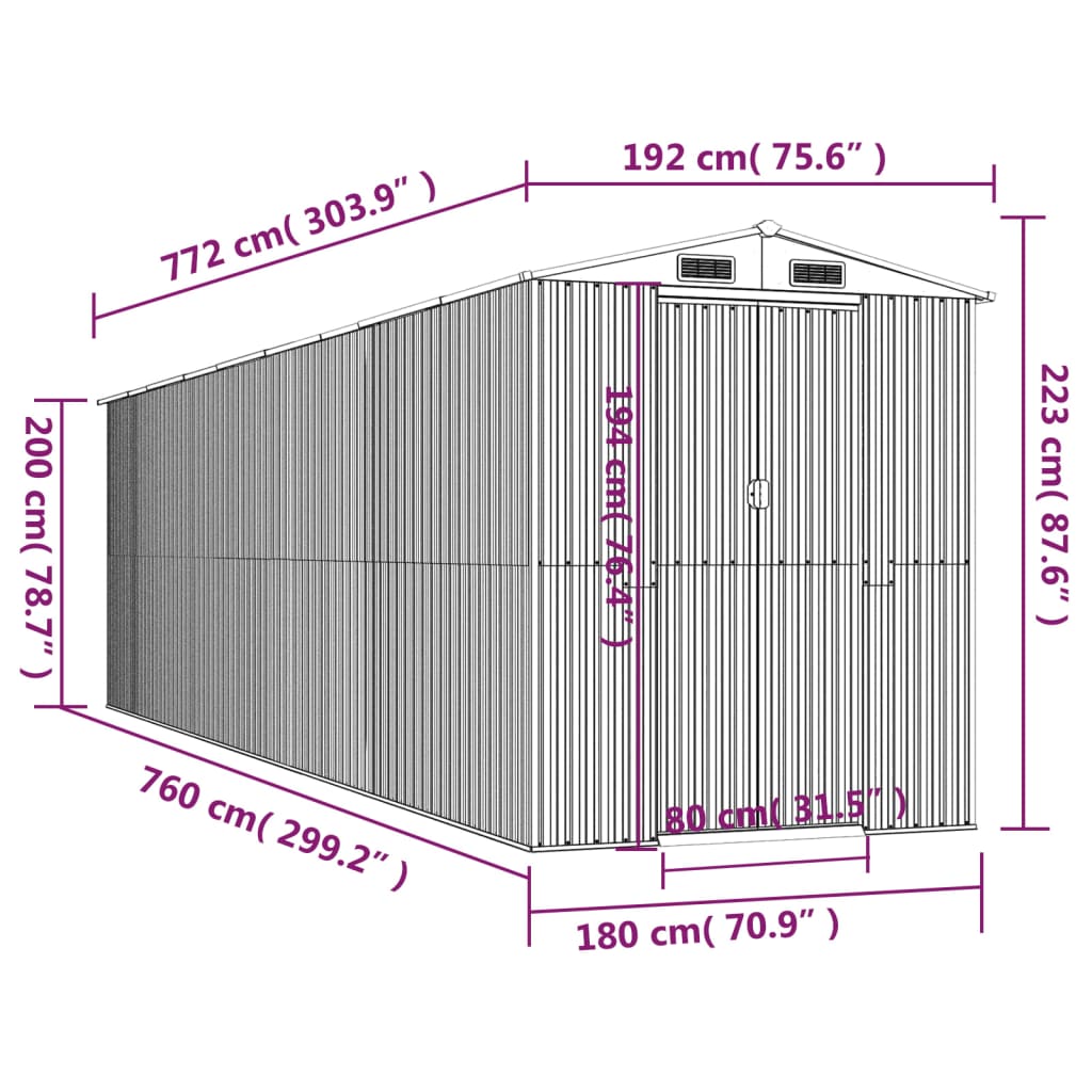 Abri de Jardin XXL modulable 10.21m/1.92m  en Acier Galvanisé