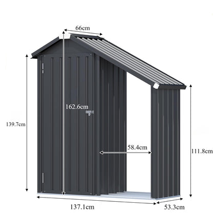 Abri de Jardin en Acier Galvanisé avec Étagères Ajustables et Bûcher - 1.37m x 0.53m x 1.63m