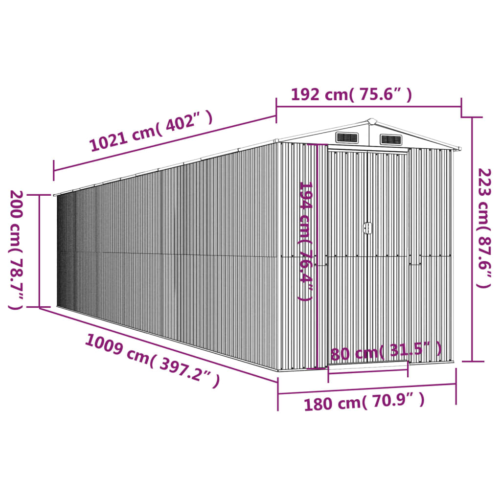 Abri de Jardin XXL modulable 10.21m/1.92m  en Acier Galvanisé
