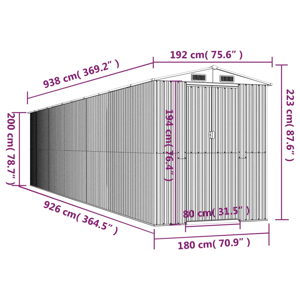 Abri de Jardin XXL modulable 10.21m/1.92m  en Acier Galvanisé