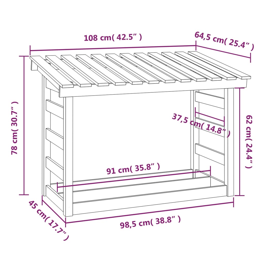 Abri à Bûches en Bois Massif - 1.08m x 0.65m x 1.10m/0.78m