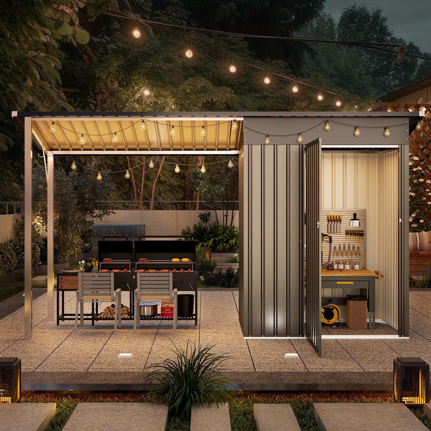 Abri de Jardin 2-en-1 avec Pergola en Acier Premium