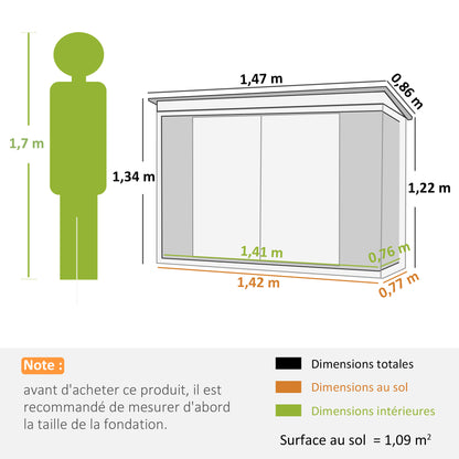 Abri de Jardin en Acier Galvanisé avec Serrure - 1,47 m x 0,86 m x 1,34 m