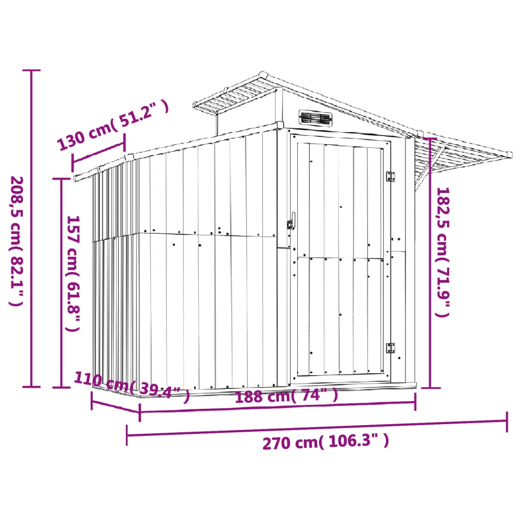 Abri de Jardin 2-en-1 en Acier Galvanisé avec Toit Lumineux - 2,70m x 1,30m x 2,08m