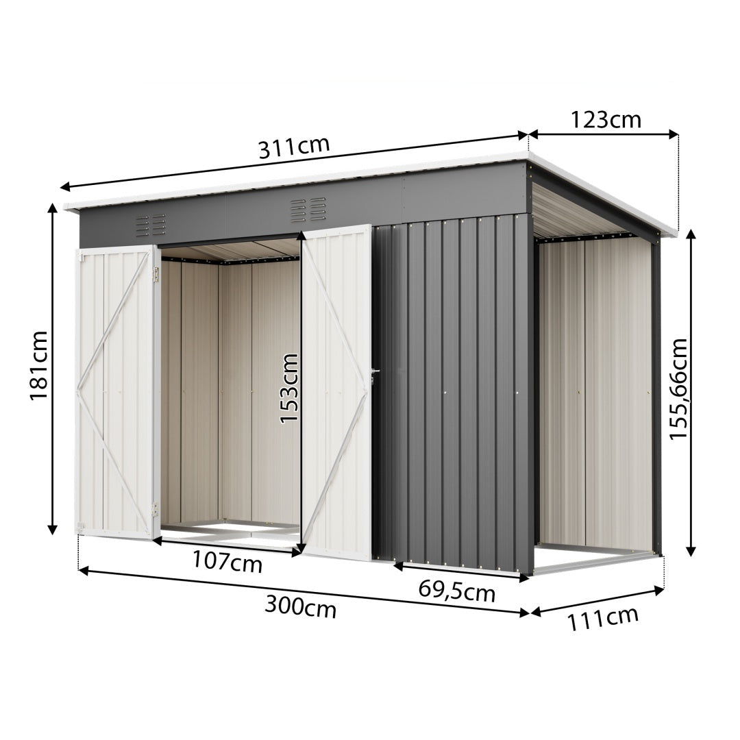 Abri de Jardin Métal Spacieux - 3.11m x 1.23m x 1.81m
