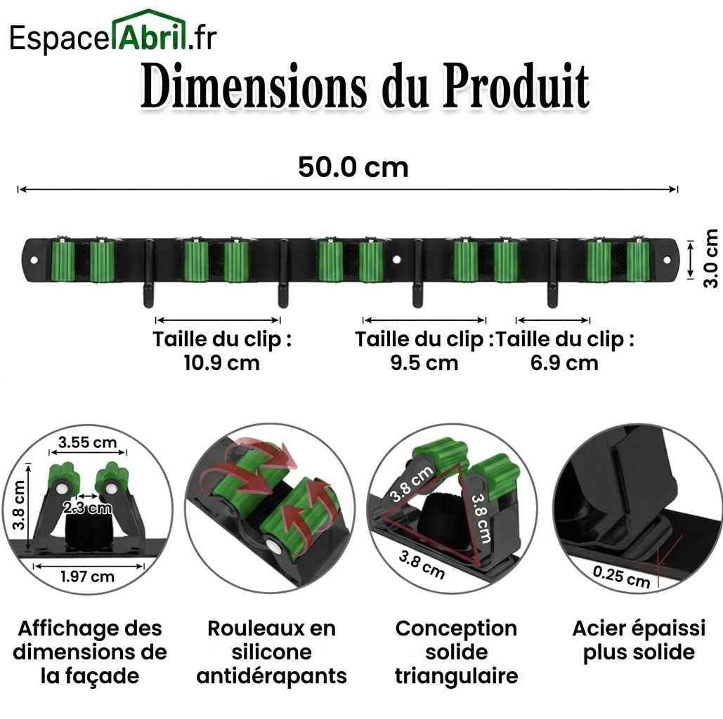 Organisateur d'Outils et Balais (5 Emplacements + 4 Crochets)
