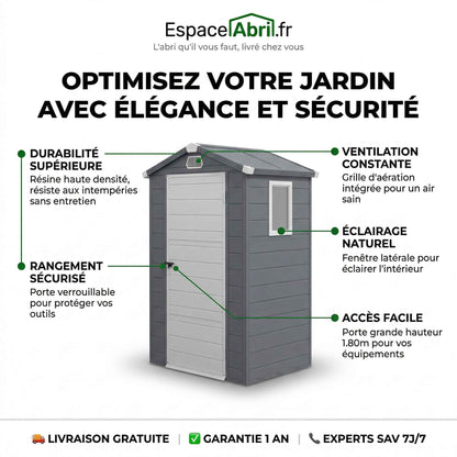 Abri de Jardin en Résine Gris - 1,33m x 1,02m x 2,08m
