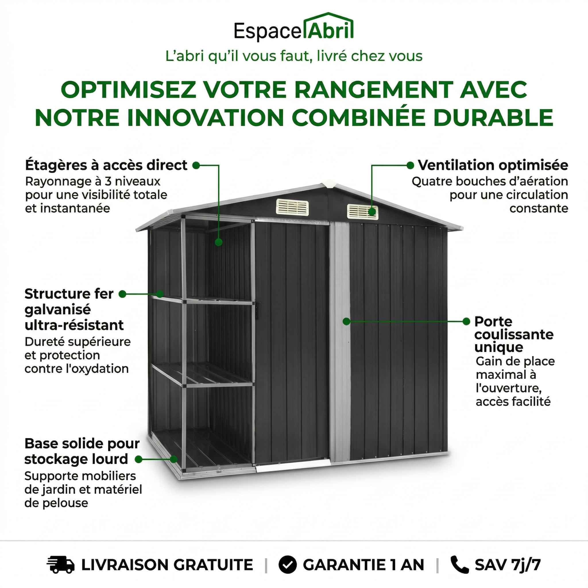 Abri de Jardin avec Étagères en Acier Galvanisé - 2,05m x 1,30m x 1,83m