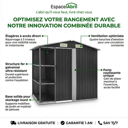 Abri de Jardin avec Étagères en Acier Galvanisé - 2,05m x 1,30m x 1,83m