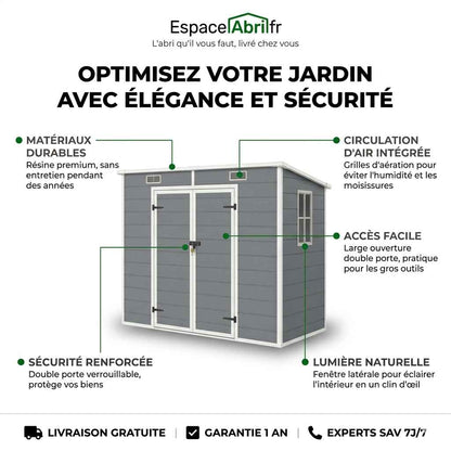 Abri de Jardin en Résine  - Étanche & Traité UV - 2,38m x 1,25m x 1,83m