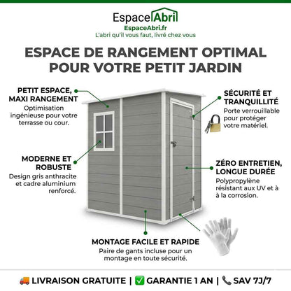 Abri de Jardin Compact en Résine Gris - 1,22m x 1,49m x 1,92m