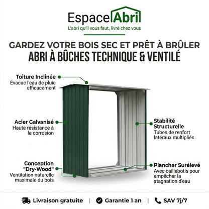 Abri à Bûches en Acier Galvanisé - 1,72m x 0,91m x 1,54m