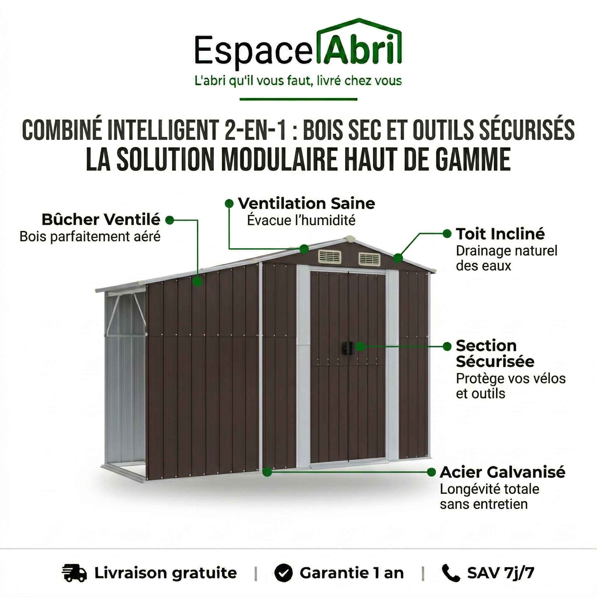 Abri de Jardin 2-en-1 avec Bûcher en Acier Galvanisé