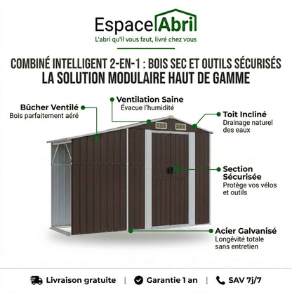 Abri de Jardin 2-en-1 avec Bûcher en Acier Galvanisé