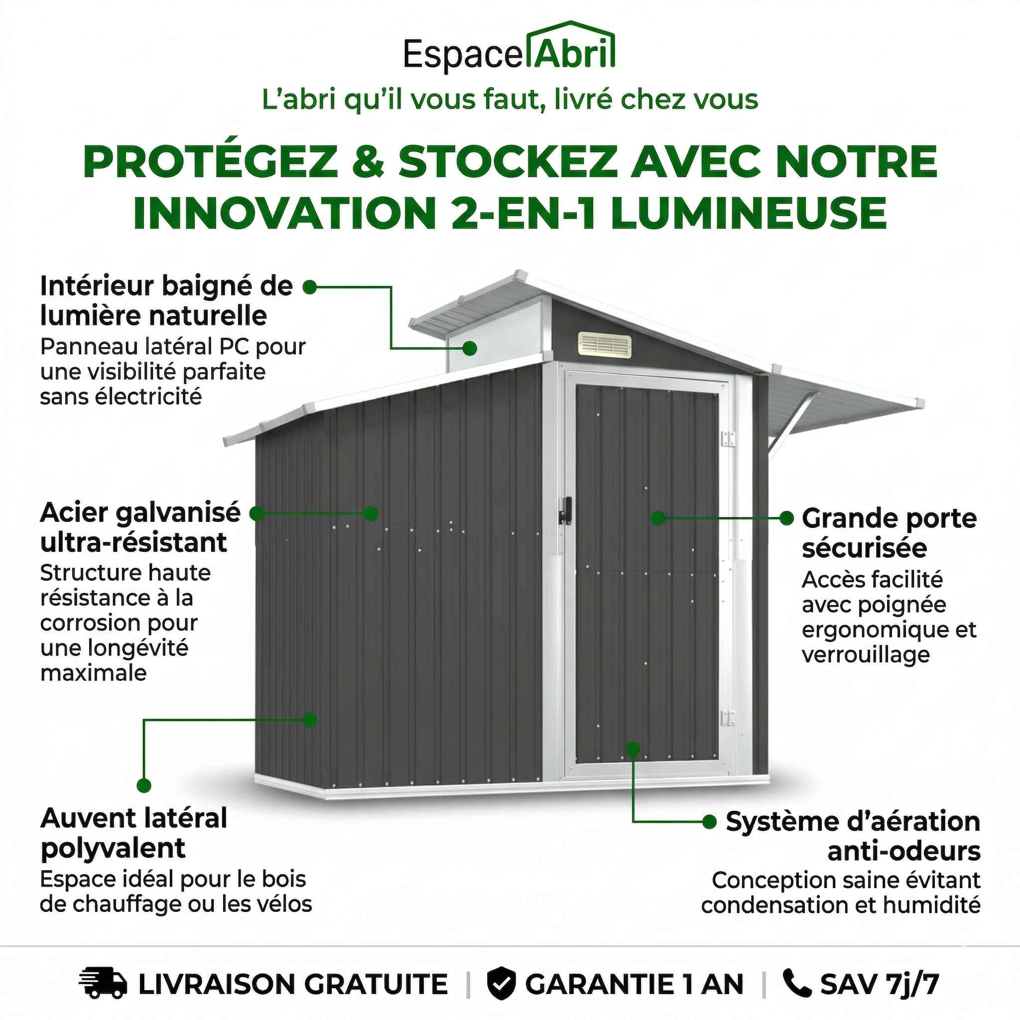 Abri de Jardin 2-en-1 en Acier Galvanisé avec Toit Lumineux - 2,70m x 1,30m x 2,08m