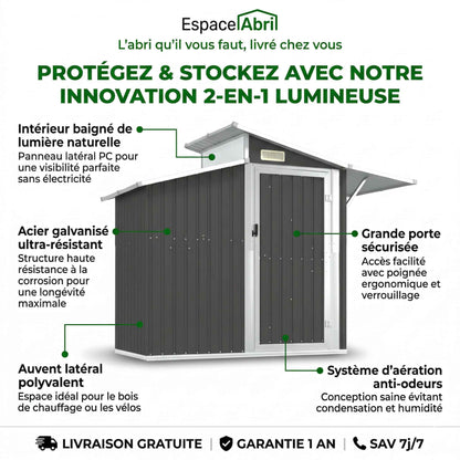 Abri de Jardin 2-en-1 en Acier Galvanisé avec Toit Lumineux - 2,70m x 1,30m x 2,08m