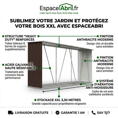 Abri à Bûches XXL en Acier Galvanisé - 3,30m x 0,84m x 1,52m