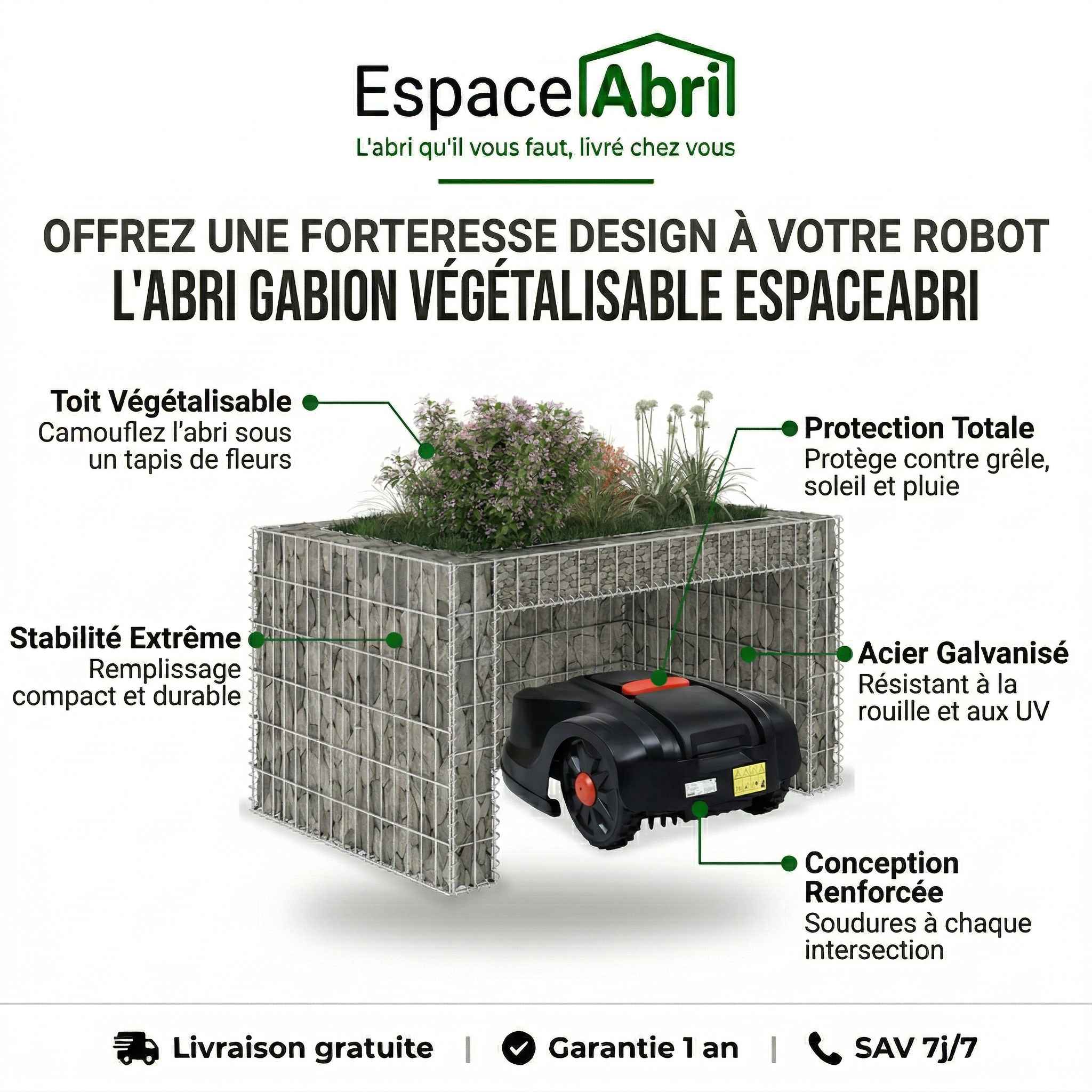 Abri Robot Tondeuse en Gabion - Garage à tondeuse en Acier - 0.80m / 1.15m
