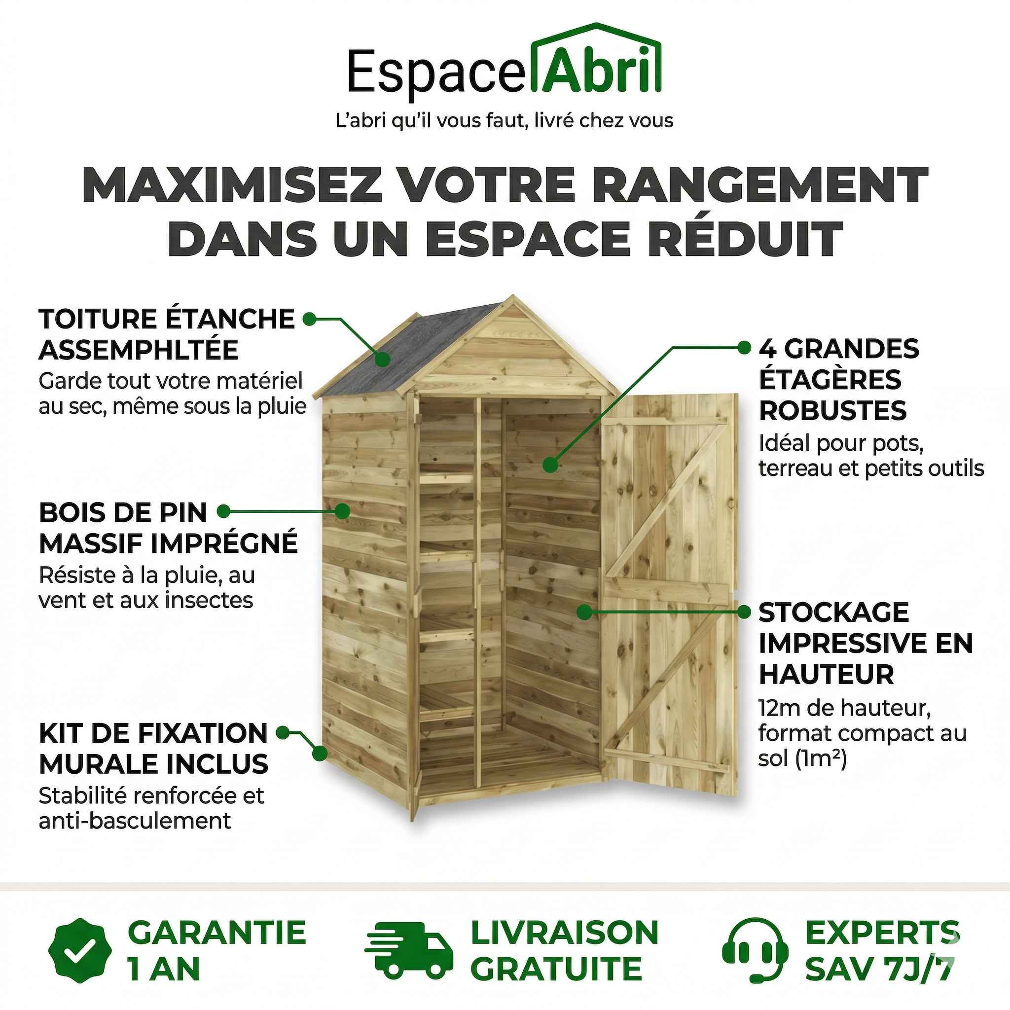 Abri à Outils Vertical en Bois 1.07m x 1.07m x 2.20m