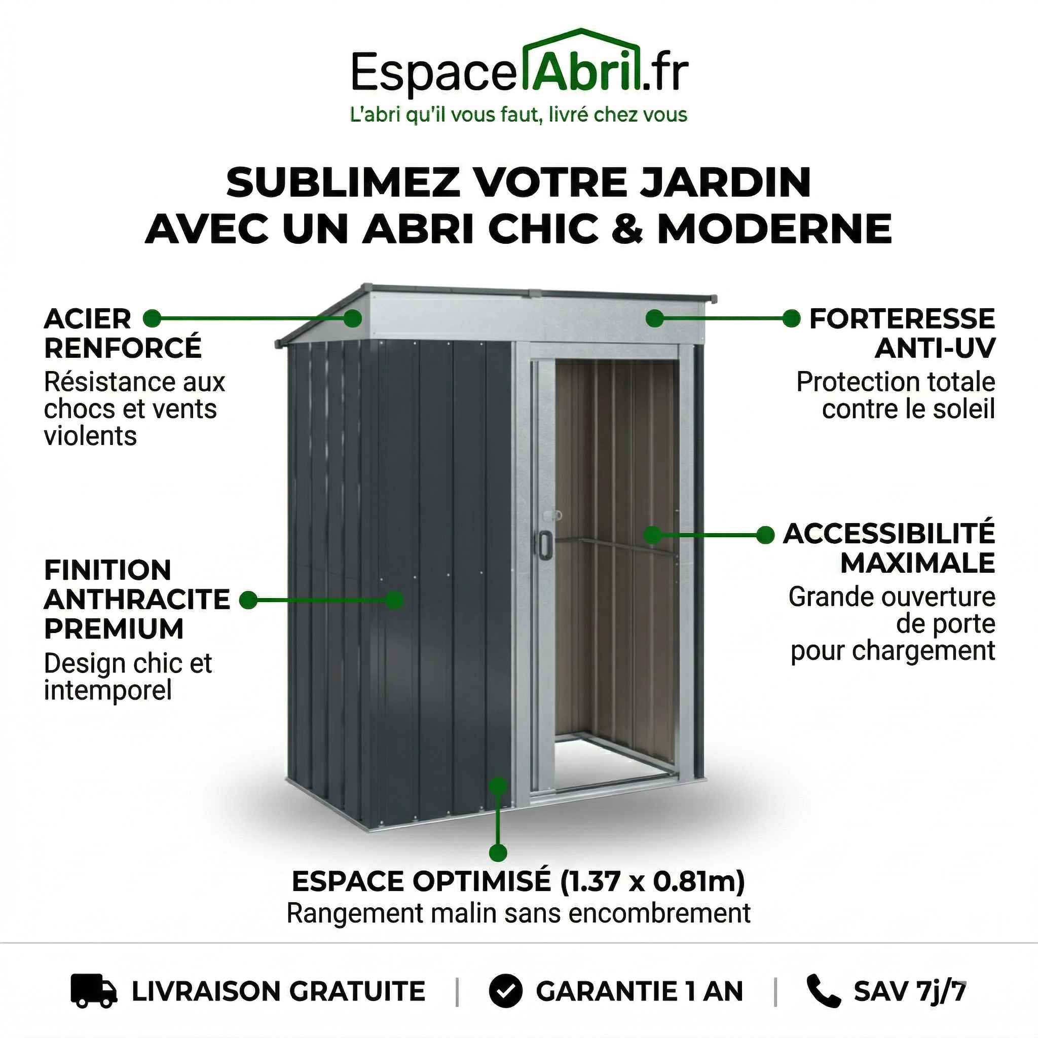 Abri de Jardin Design en Métal - 1,37m x 0,81m x 1,80m