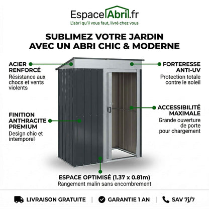 Abri de Jardin Design en Métal - 1,37m x 0,81m x 1,80m