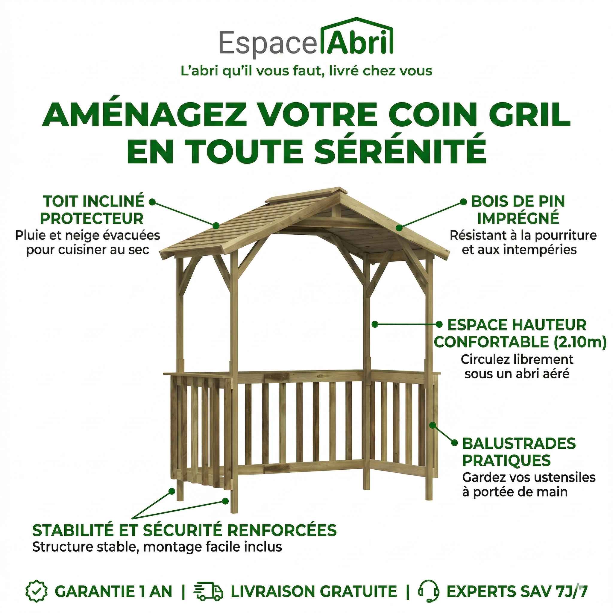 Abri à Barbecue en Bois - 1.63m x 0.93m x 2.10m
