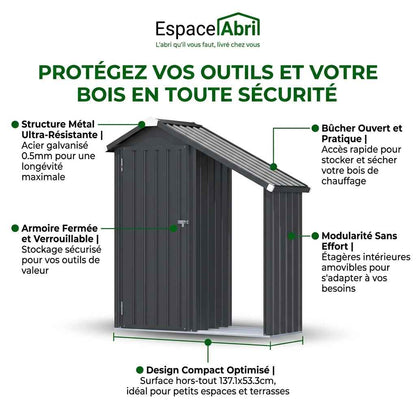 Abri de Jardin en Acier Galvanisé avec Étagères Ajustables et Bûcher - 1.37m x 0.53m x 1.63m