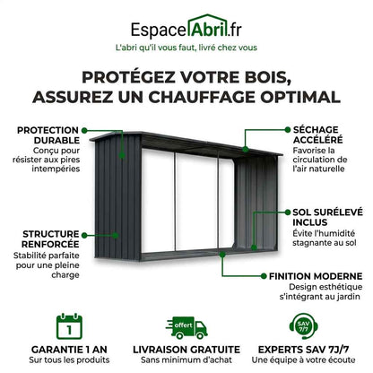 Abri à Bûches en Acier Galvanisé - 330 x 92 cm x 153 cm